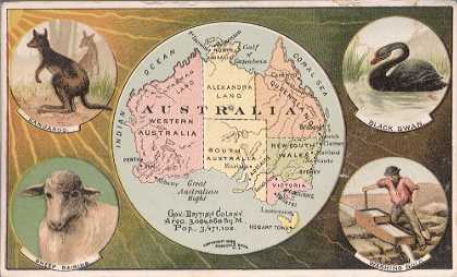 Australia map - Kangaroo; Sheep Raising; Black Swan; Washing Gold