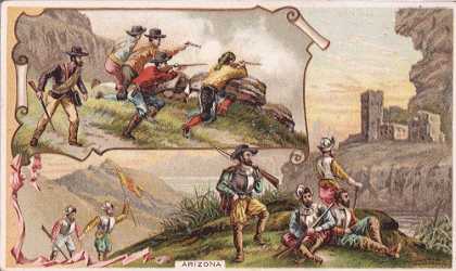 Arizona - General Miles Attacking the Forces of Geronimo; Spanish Explorers Discovering Cave Dwellings